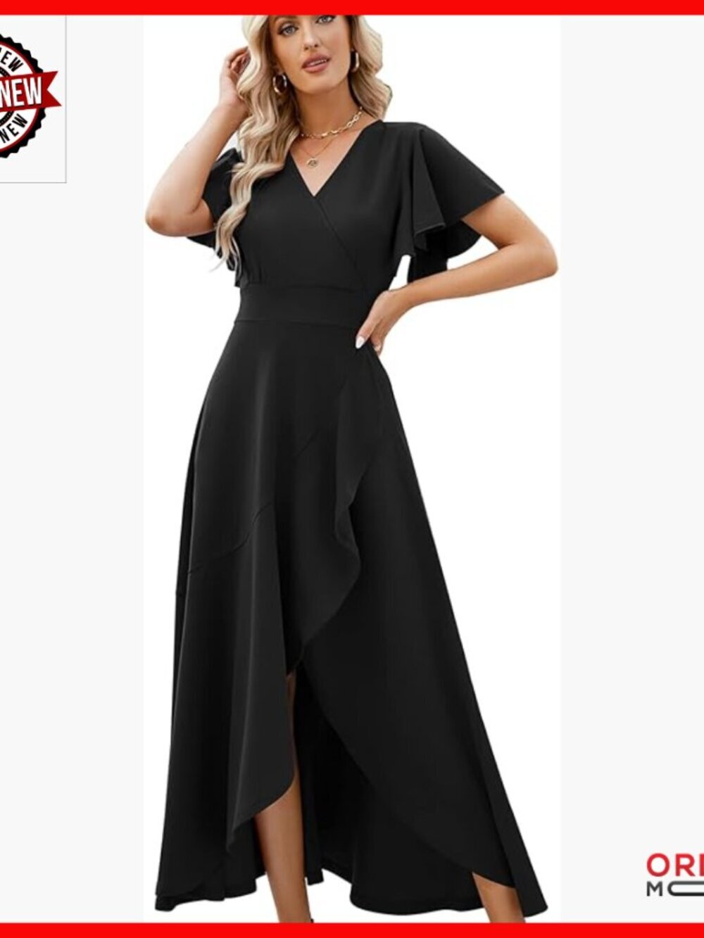 Elegant V-Neck Formal Gown with Ruffle Sleeves and Split Hem